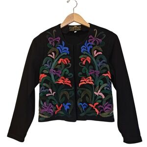 Pompeii Cardigan Womens Med Black Suede Floral Applique Open Front Knit Jacket